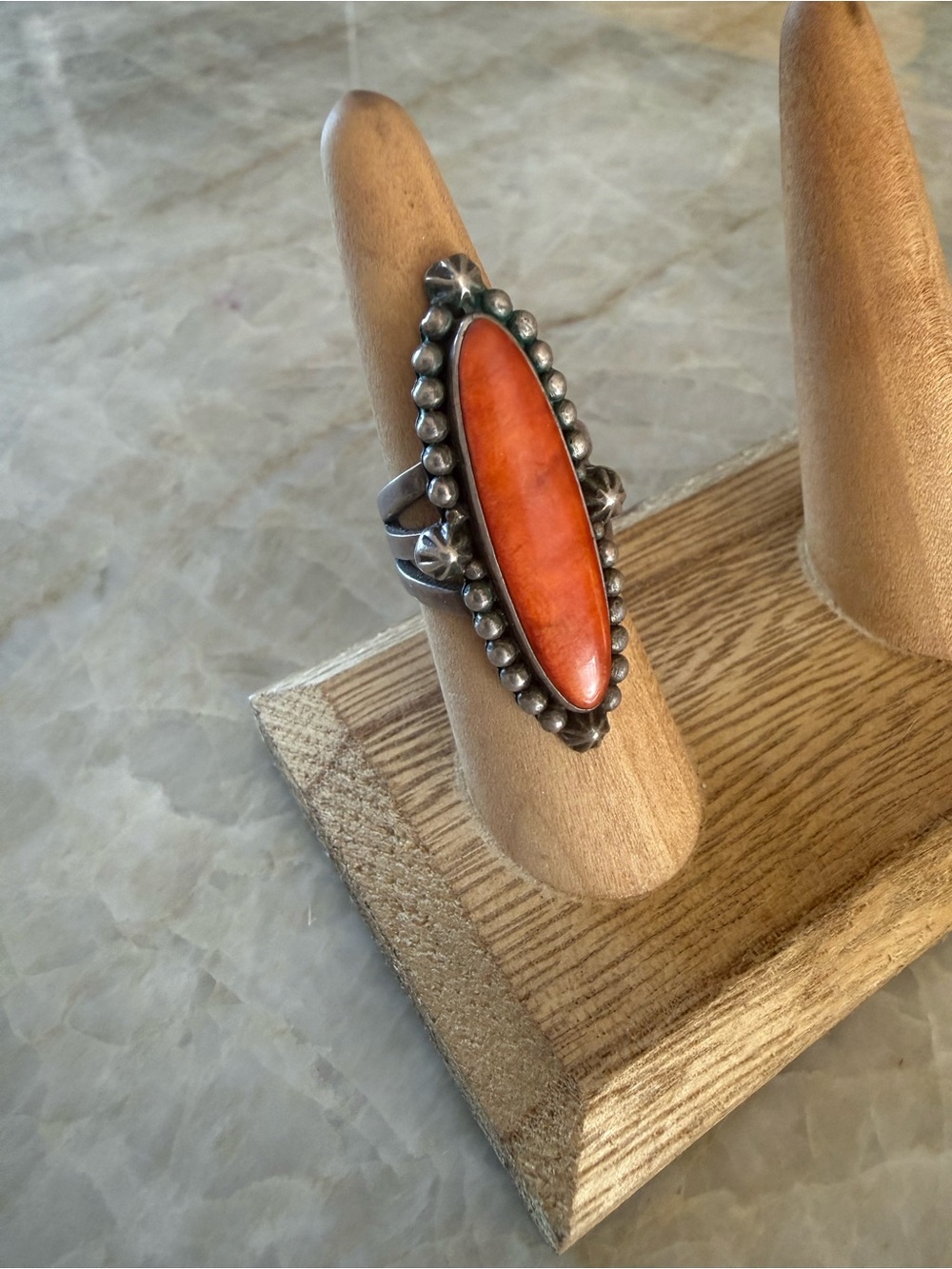Sterling Silver Orange Coral Marquise Statement Ring